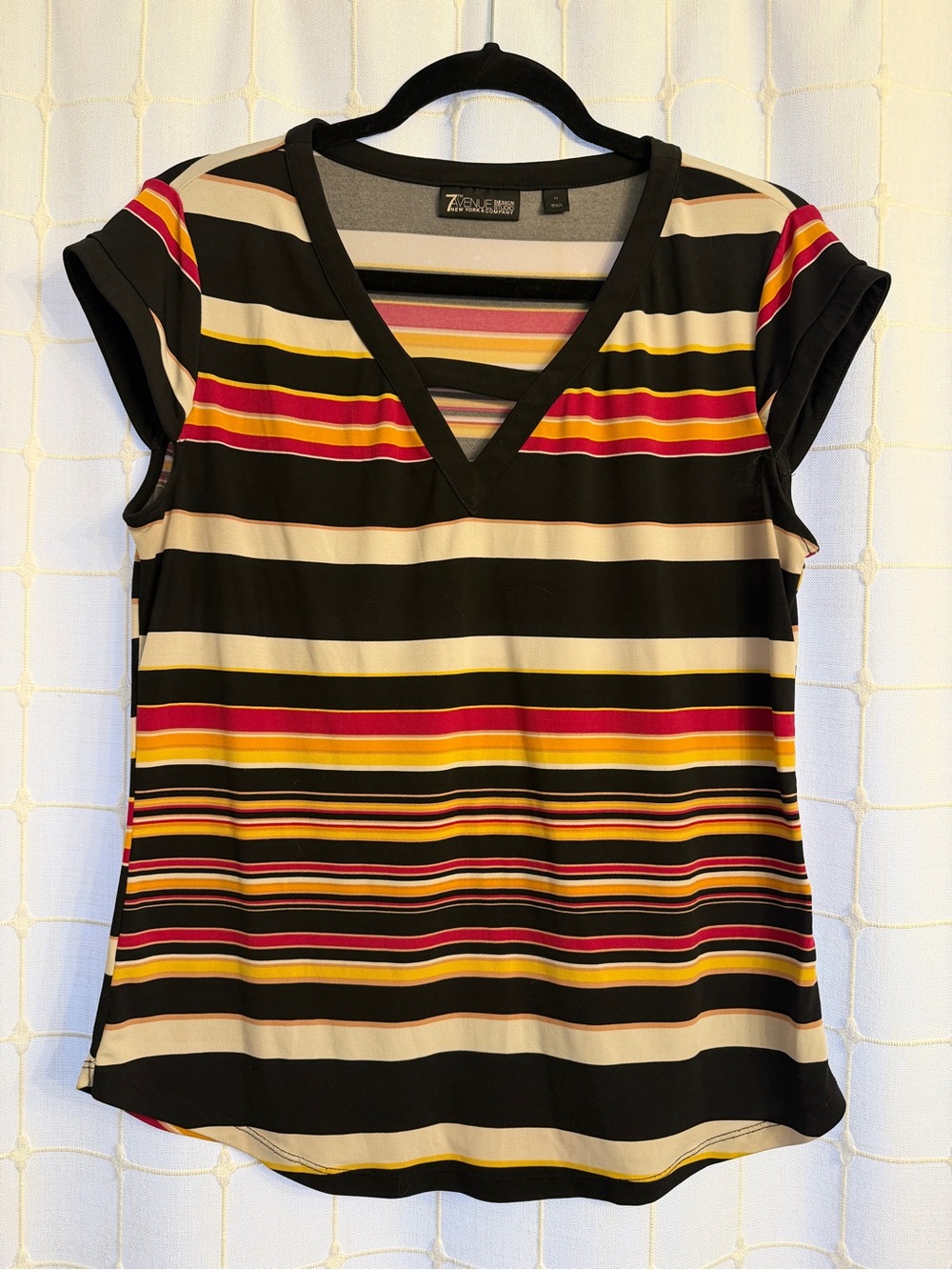 Zenergy Striped V‑Neck Short Sleeve Tee in Black, Cream & Red Accent
